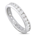 Platinum diamond eternity band with round-cut stones in a channel setting