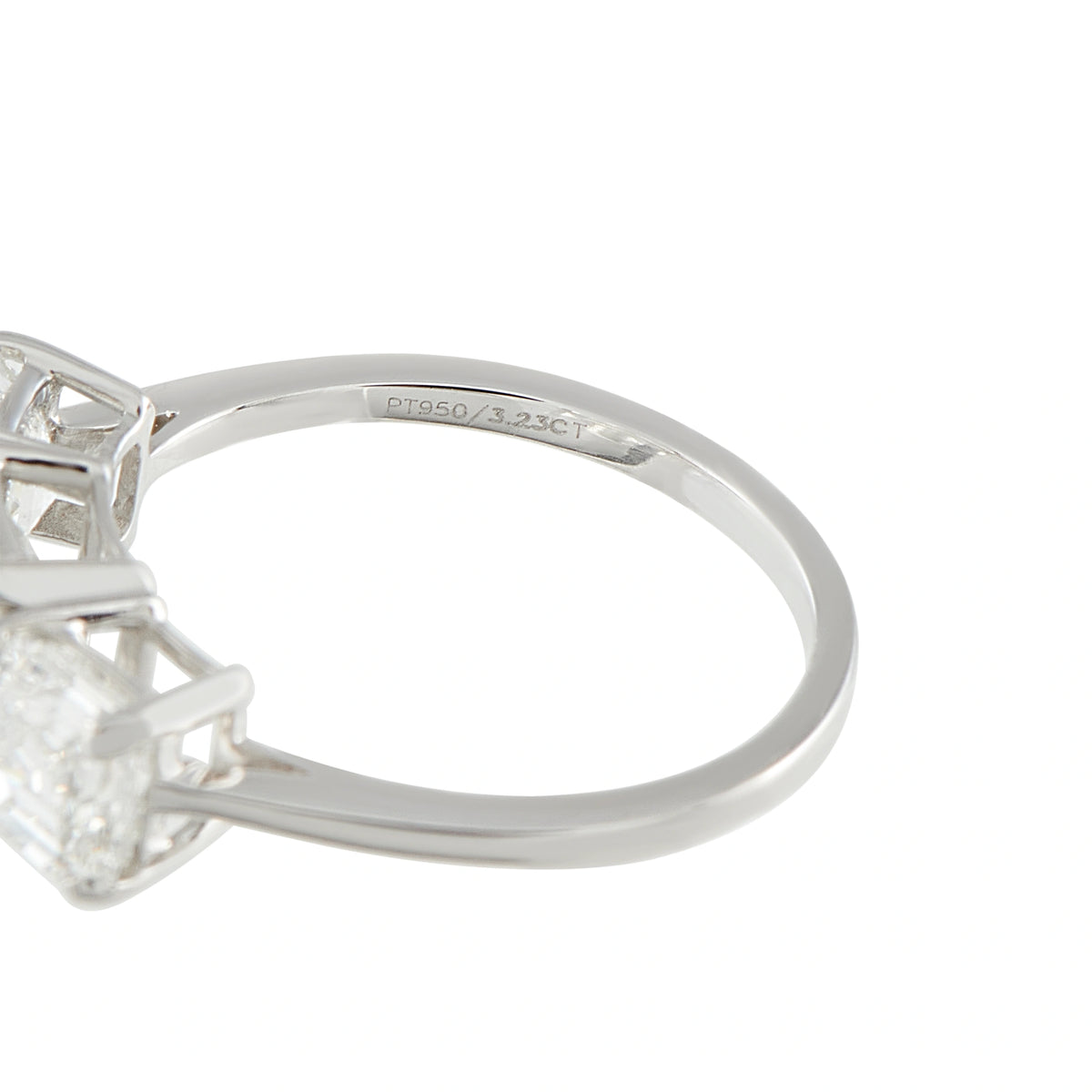 Platinum diamond ring, view of inside band engraving
