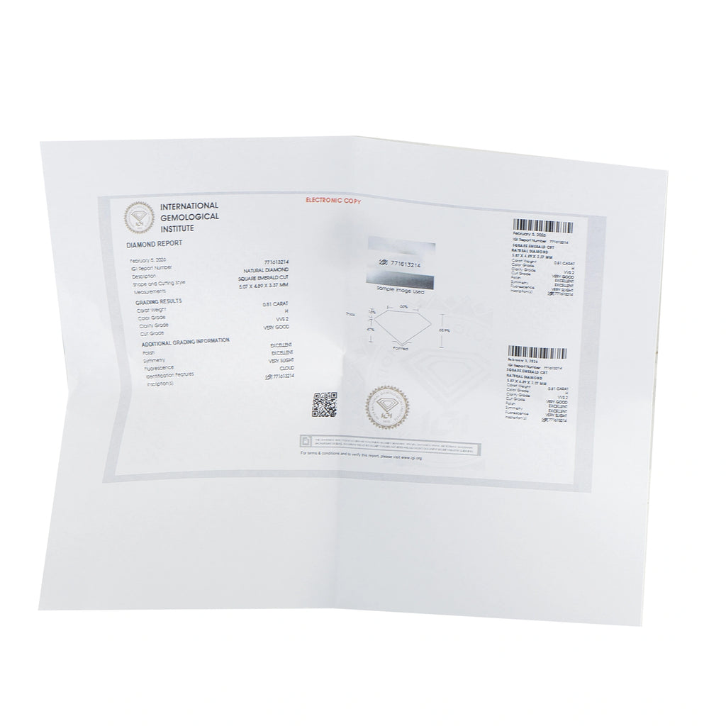 Diamond ring authenticity certificate document with barcode and details