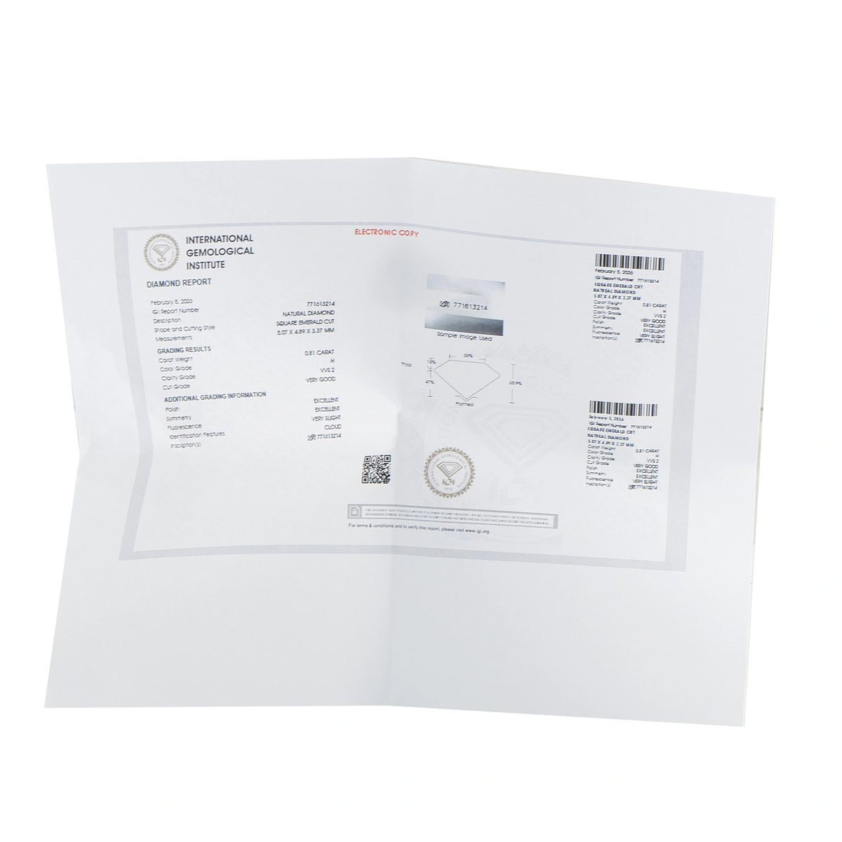 Diamond ring authenticity certificate document with barcode and details