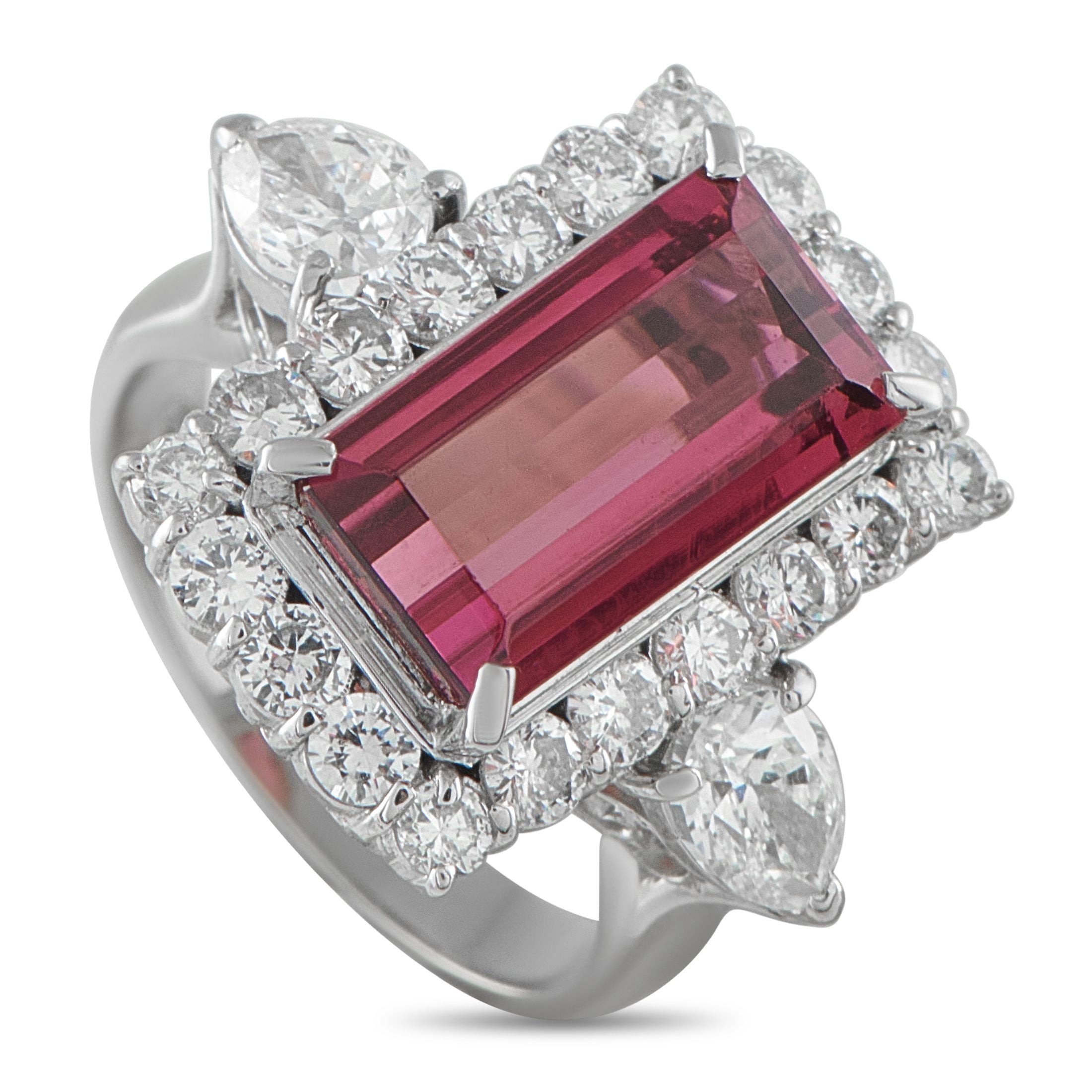 Exclusive Platinum 2.04ct Diamond and Rubellite Ring - This luxury ring is piece that will always leave a lasting impression. A 4.37 carat Rubellite gemstone adds a bold splash of