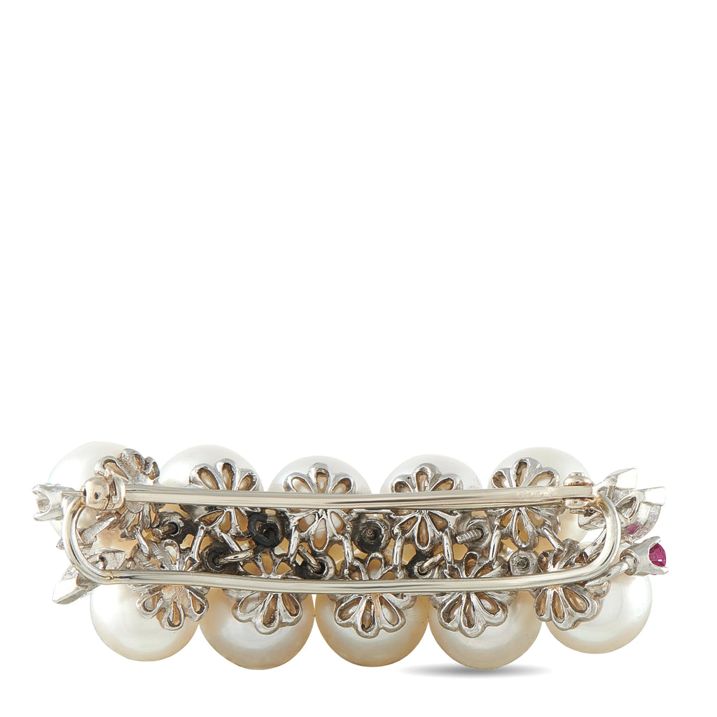 Platinum 0.75ct Diamond, Ruby, and Pearl Brooch