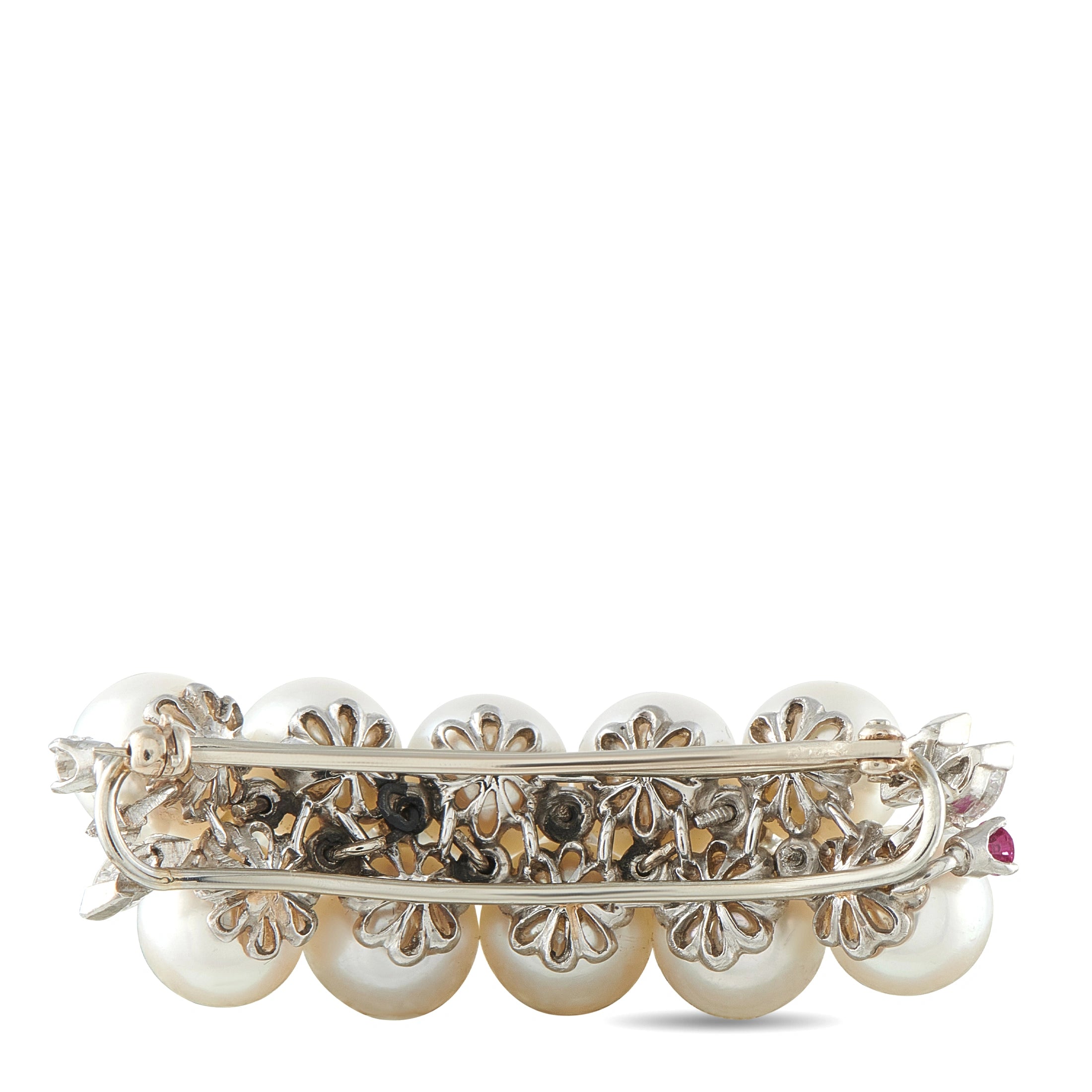 Platinum 0.75ct Diamond, Ruby, and Pearl Brooch