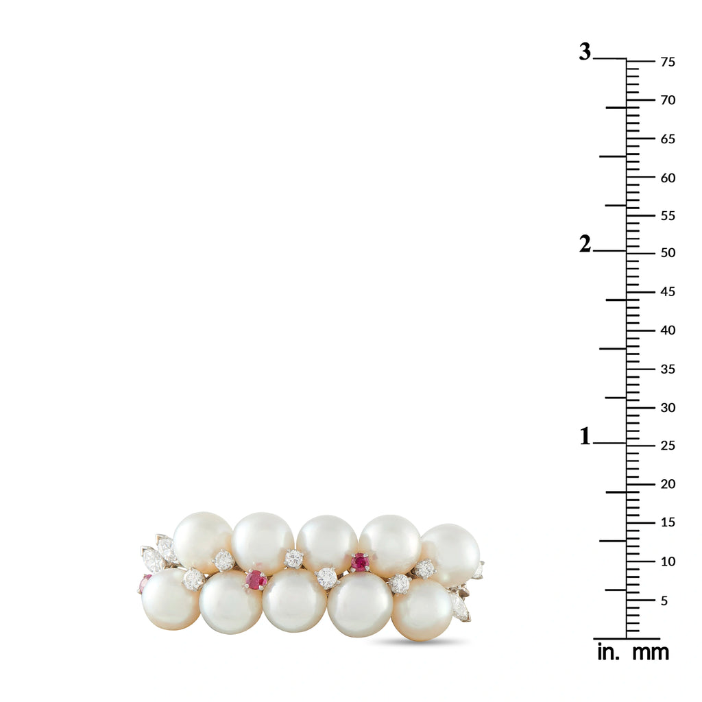 Platinum 0.75ct Diamond, Ruby, and Pearl Brooch