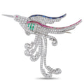 Platinum bird brooch with pavé diamonds and blue, pink, green, red gemstones