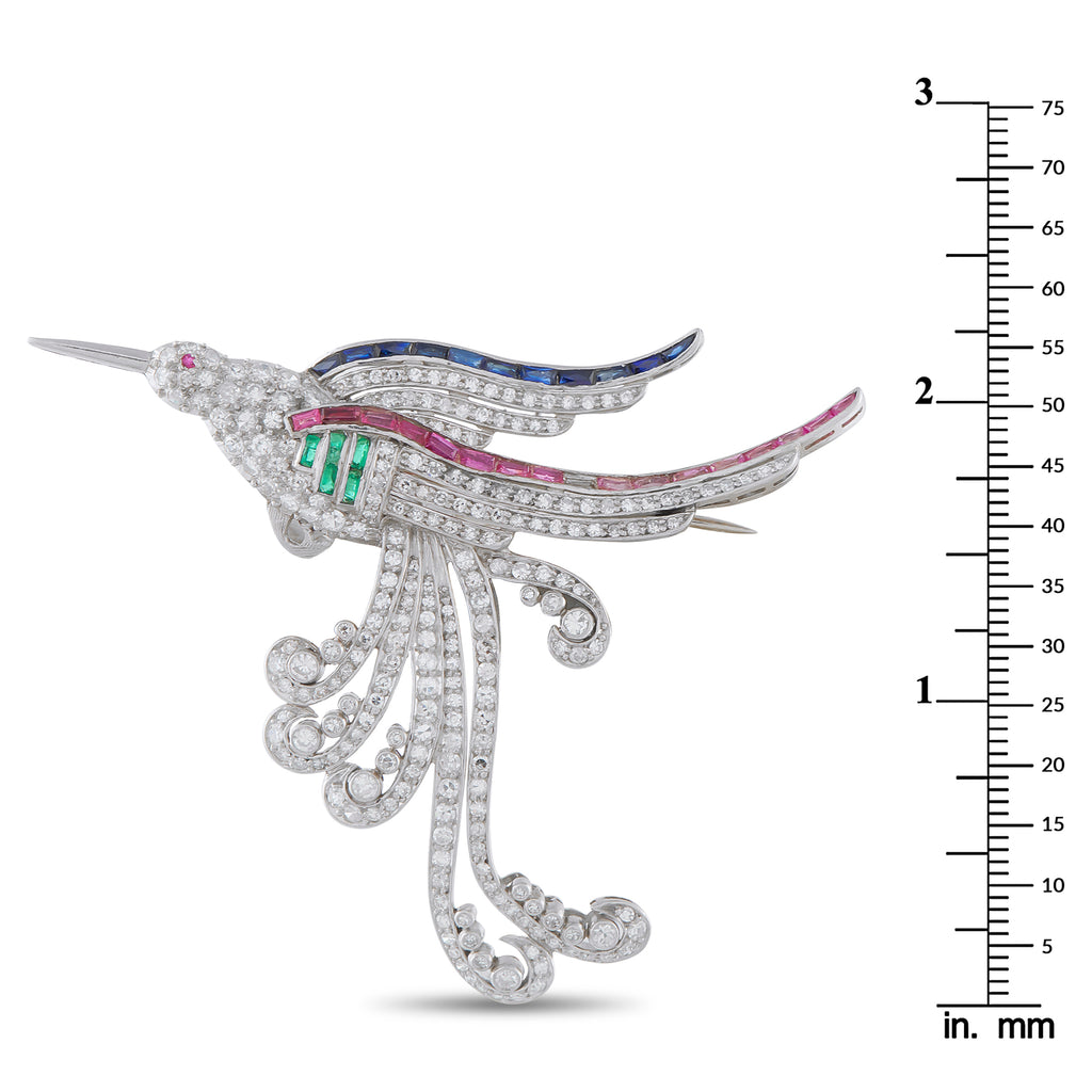 Platinum 3.25ct Diamond, Ruby, Emerald, and Sapphire Bird Brooch
