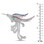 Platinum 3.25ct Diamond, Ruby, Emerald, and Sapphire Bird Brooch