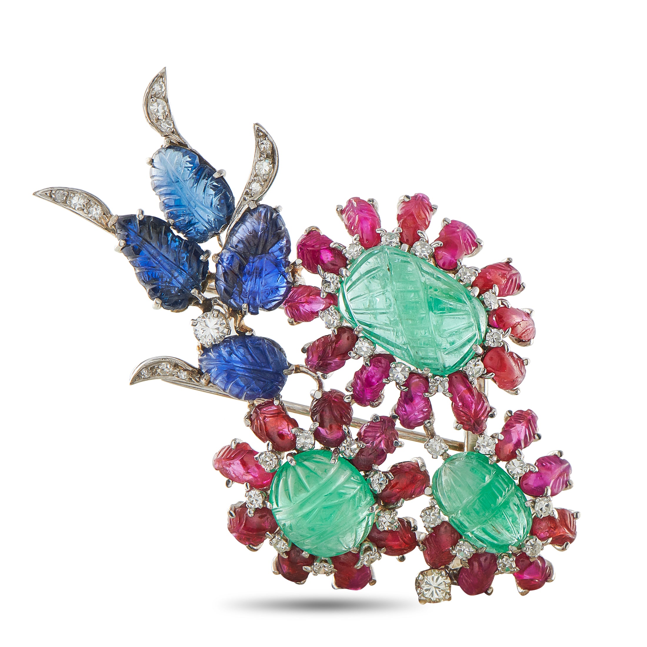 Platinum 1.40ct Diamond, Ruby, Emerald, and Sapphire Brooch