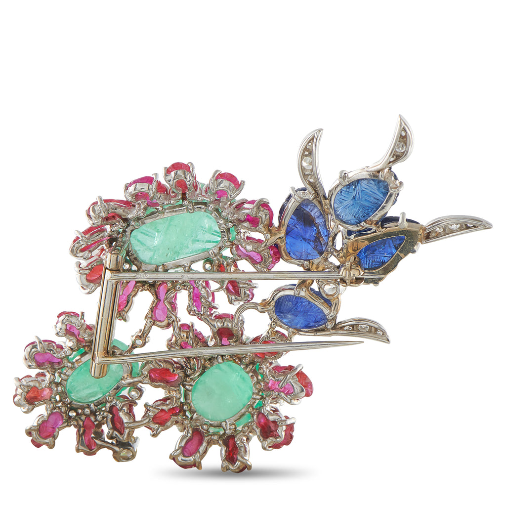 Platinum 1.40ct Diamond, Ruby, Emerald, and Sapphire Brooch