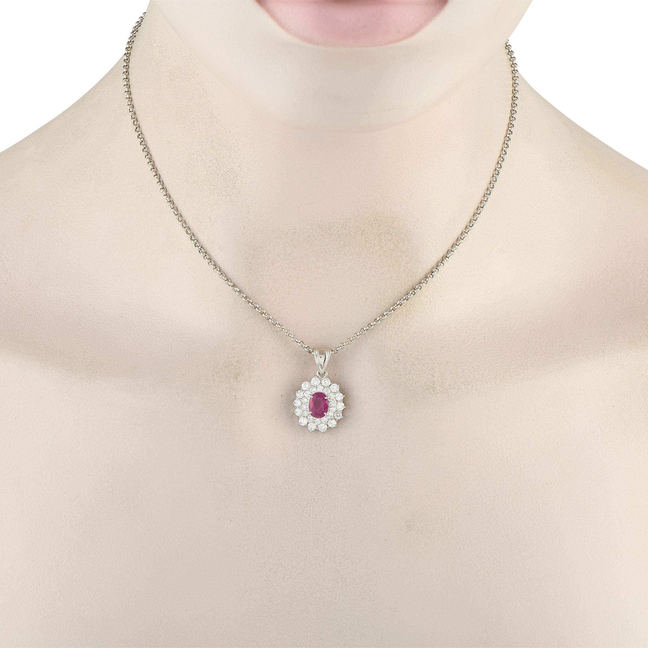 Exclusive Platinum 1.24ct Diamond and Ruby Oval Double Halo Pendant Necklace