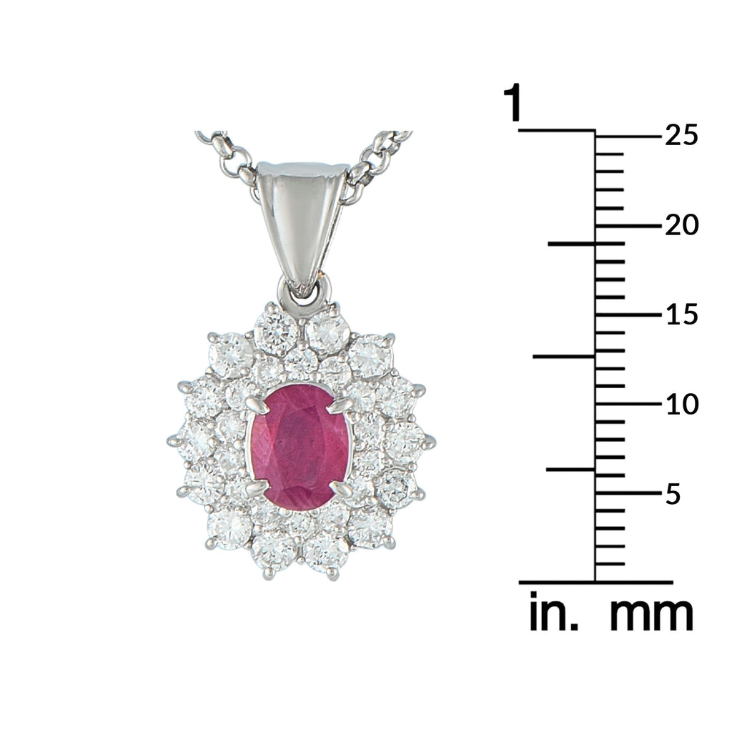 Exclusive Platinum 1.24ct Diamond and Ruby Oval Double Halo Pendant Necklace