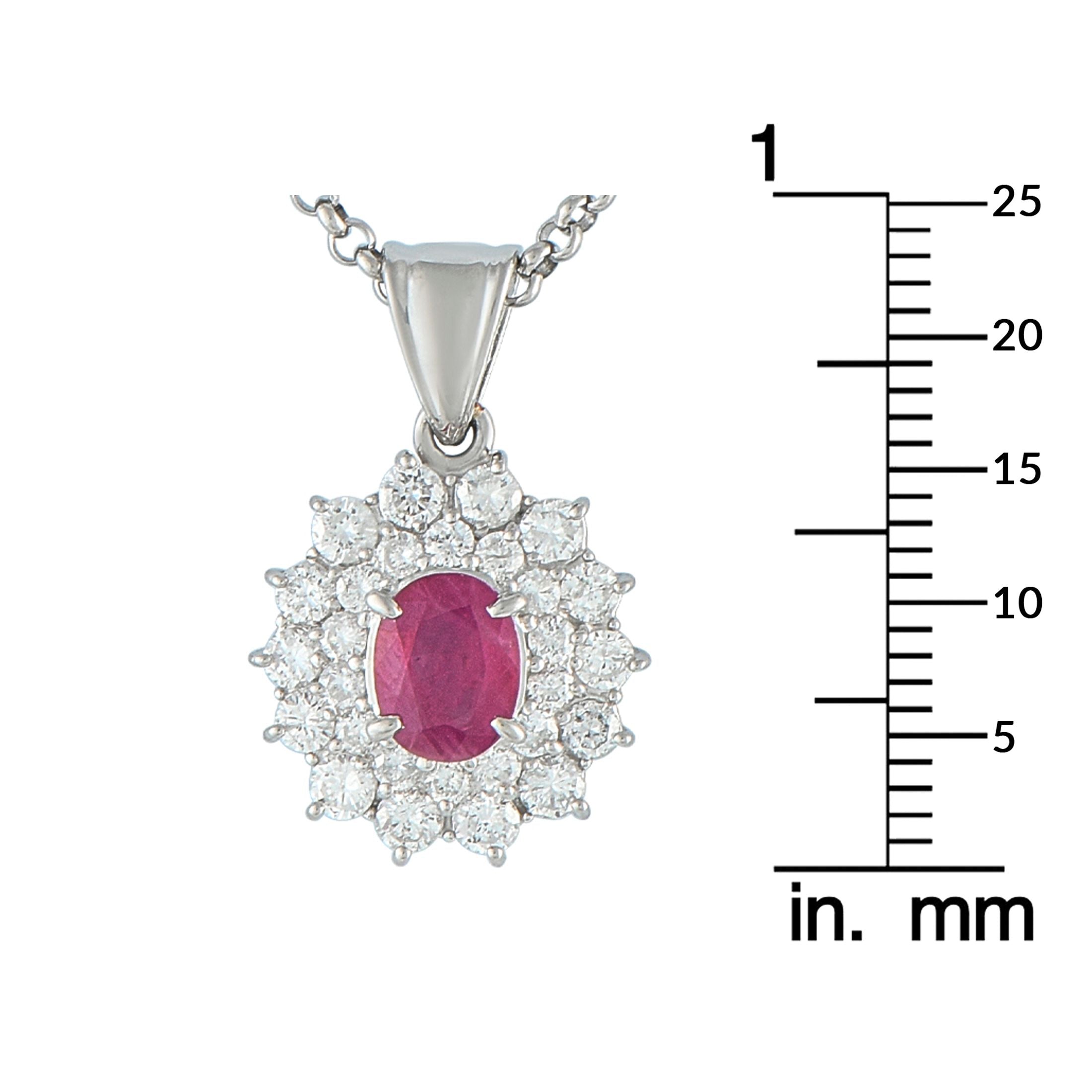 Exclusive Platinum 1.24ct Diamond and Ruby Oval Double Halo Pendant Necklace