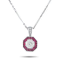 Platinum pendant with round diamond center and ruby halo, on link chain.