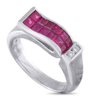 Exclusive Platinum 0.03ct Diamond and Ruby Ring - A true eye-catcher. This Exclusive  ring features a platinum band that splits into two arms as it approaches the top of the f