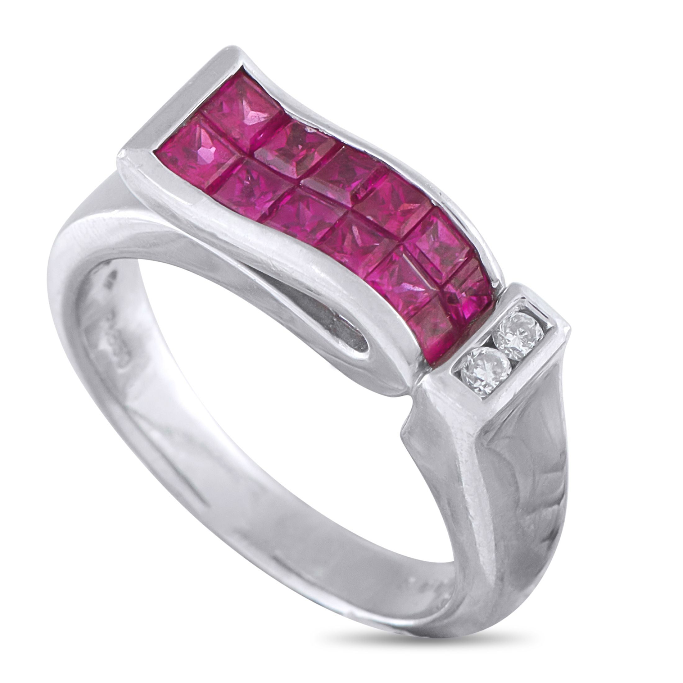 Exclusive Platinum 0.03ct Diamond and Ruby Ring - A true eye-catcher. This Exclusive  ring features a platinum band that splits into two arms as it approaches the top of the f