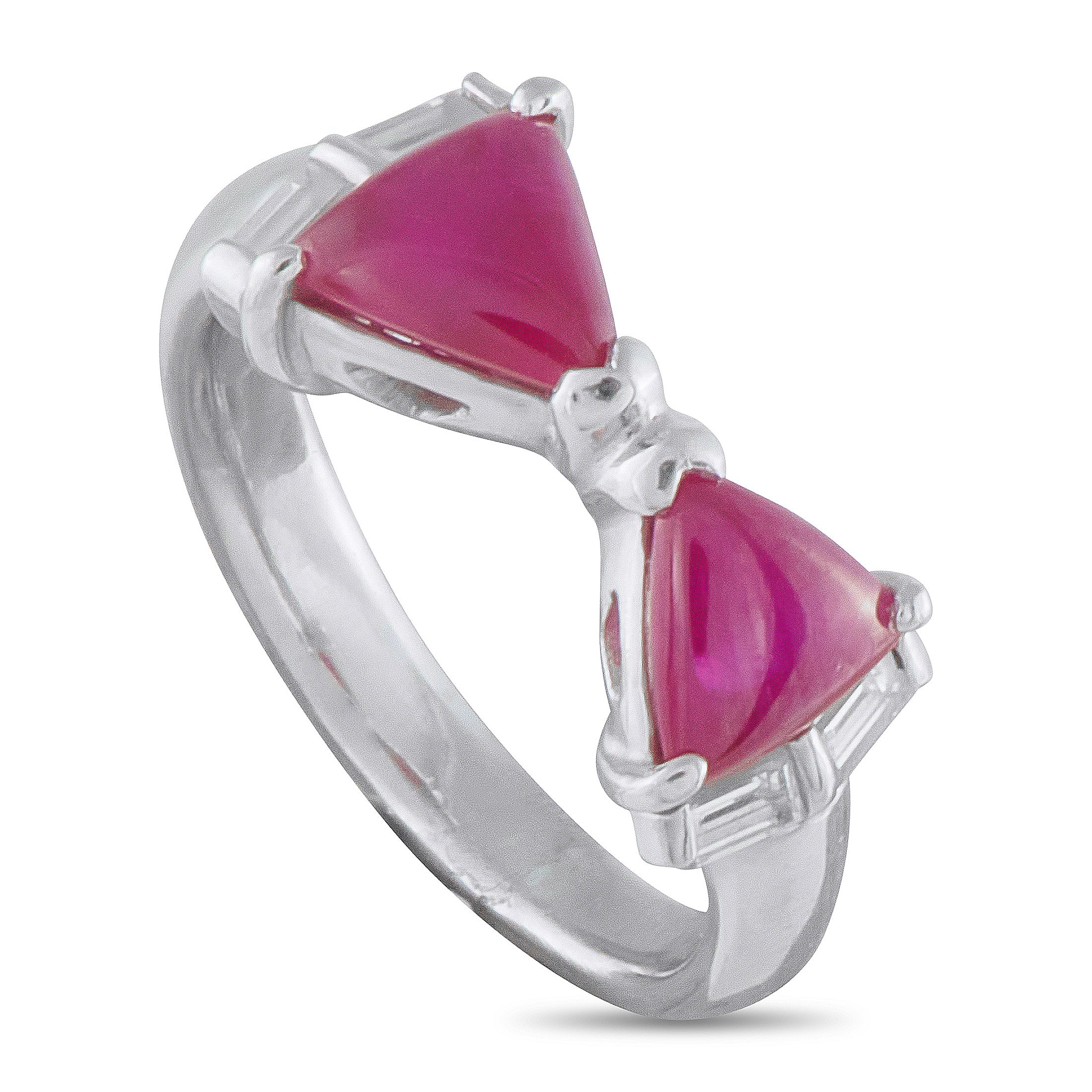 Exclusive Platinum 0.33ct Diamond and Ruby Ring - Fashioned in platinum, this ring holds two triangle-cut ruby cabochons totaling 2.37 carats, arranged point to point in a sub