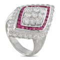 Platinum diamond and ruby ring with square halo and pink ruby side stones