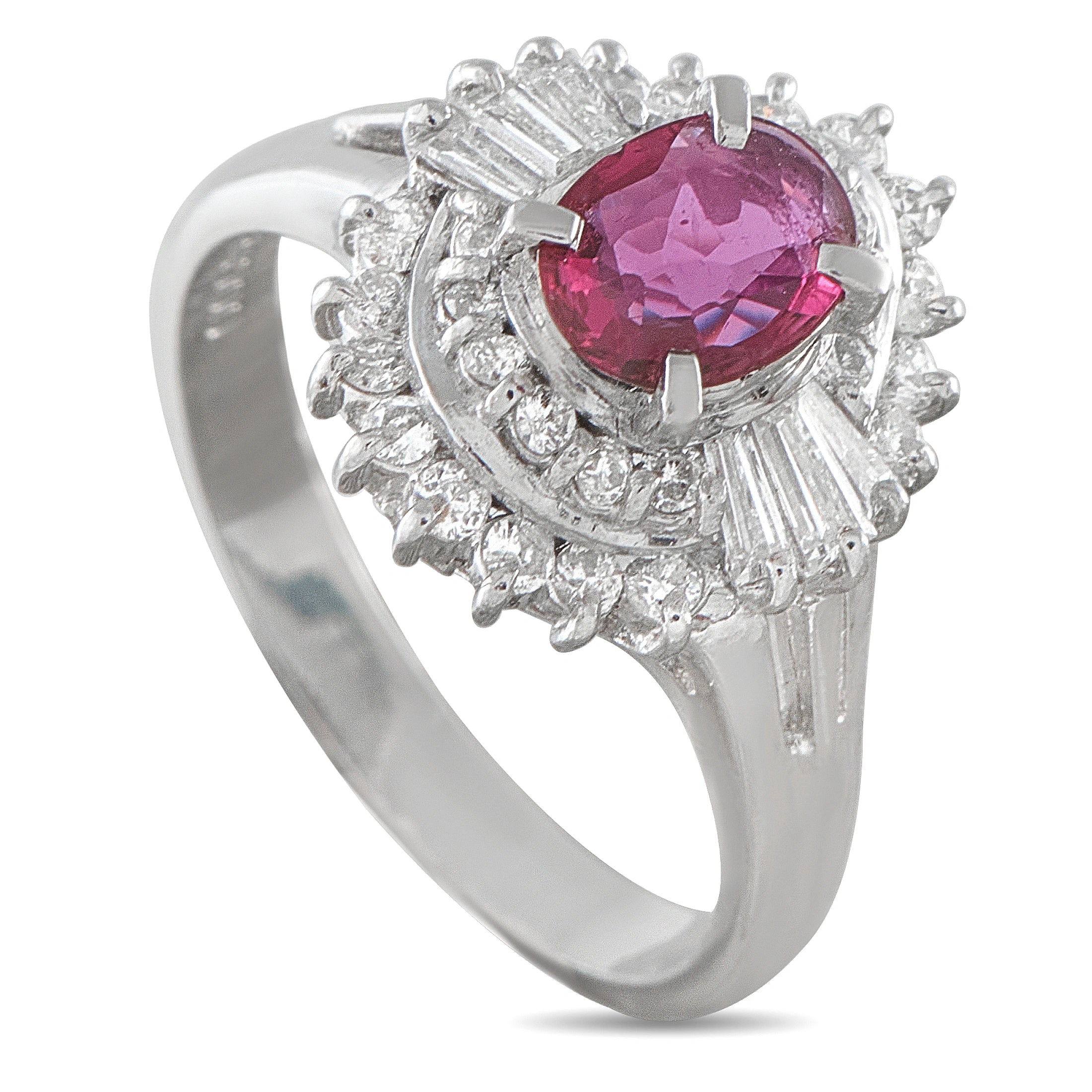 Platinum cocktail ring with oval ruby center and halo of diamonds, prong-set