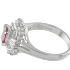 Platinum ring side view with ruby and diamond cluster; 0.51/900 stamped inside band