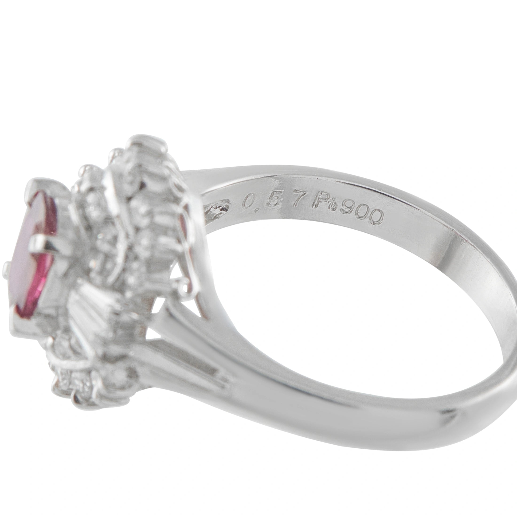 Platinum ring side view with ruby and diamond cluster; 0.51/900 stamped inside band