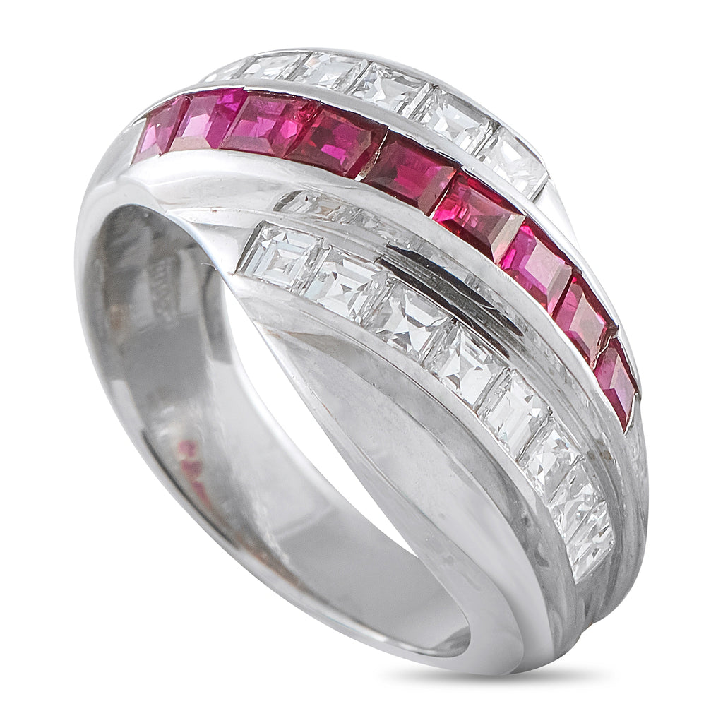 Platinum diamond and ruby crossover band ring with channel-set stones