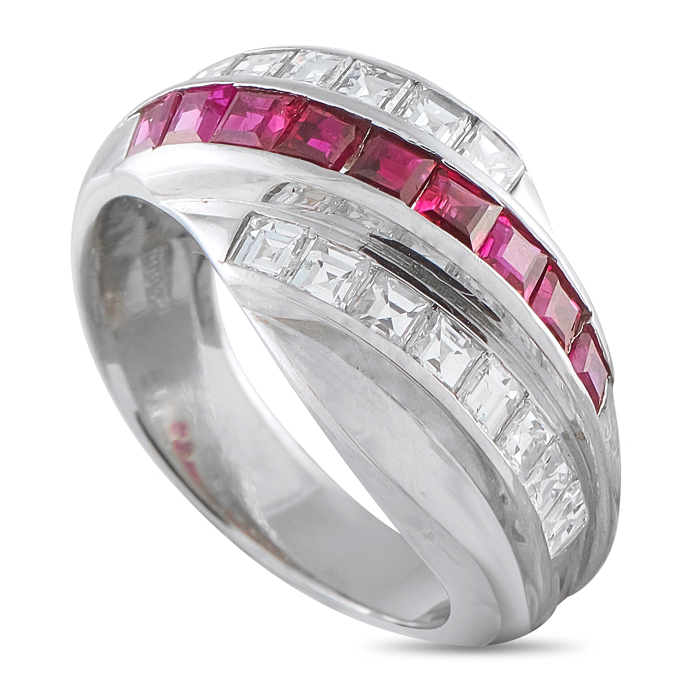 Platinum diamond and ruby crossover band ring with channel-set stones