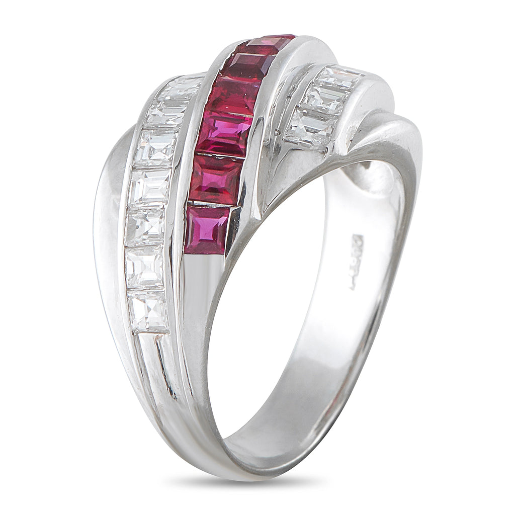 Platinum crossover band with ruby center row and diamond side stones