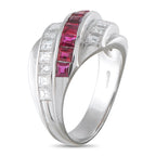 Platinum crossover band with ruby center row and diamond side stones