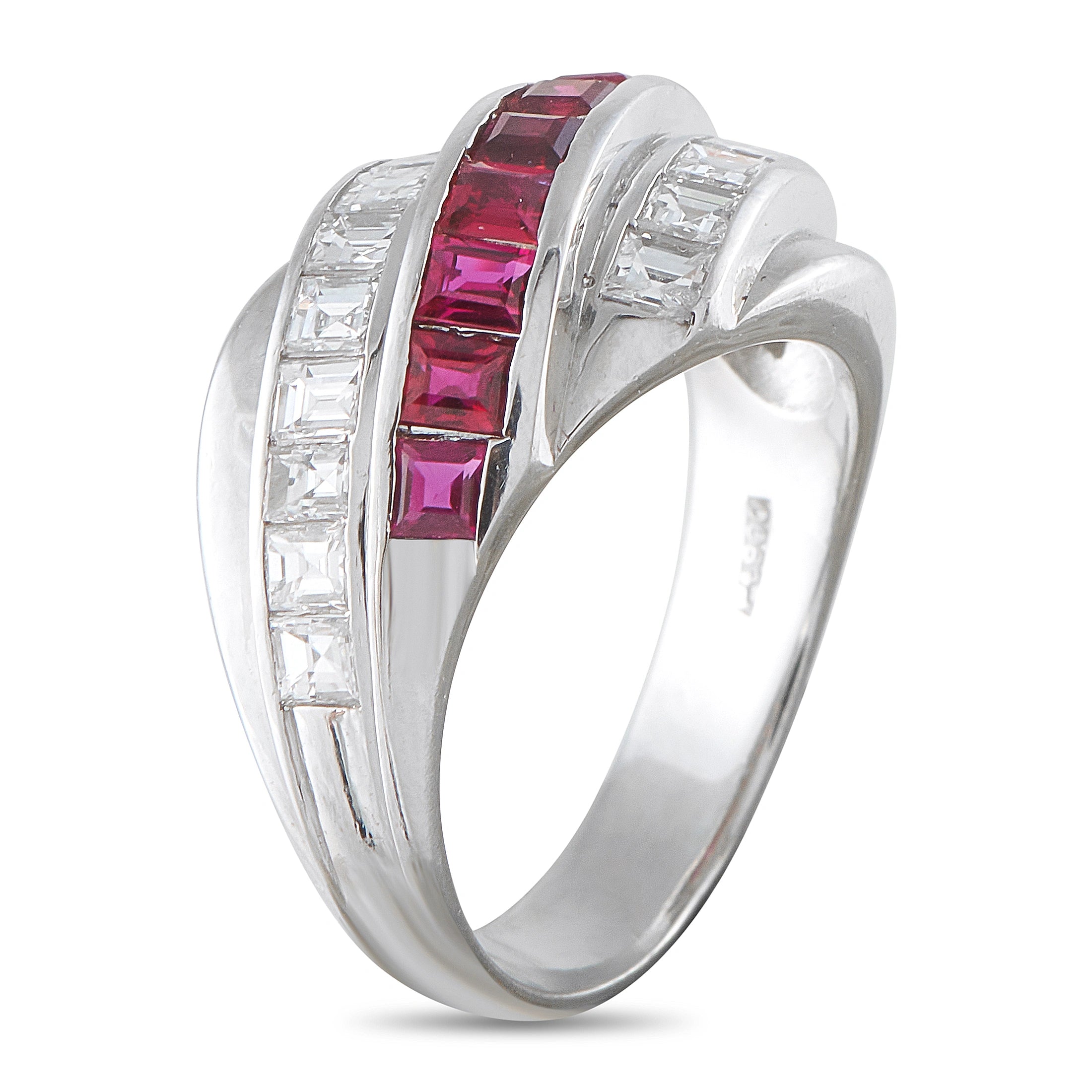 Platinum crossover band with ruby center row and diamond side stones