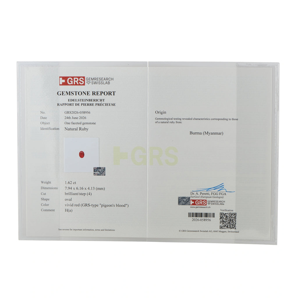 Gemstone report certificate for ruby, with GRS label