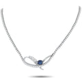 Diamond and sapphire infinity necklace with blue center stone, platinum-tone chain
