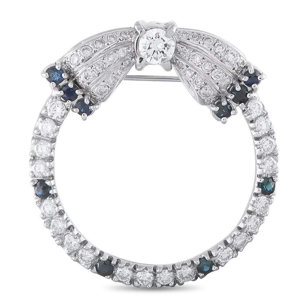Vintage Platinum 1.50ct Diamond and Sapphire Open Circle Bow Brooch