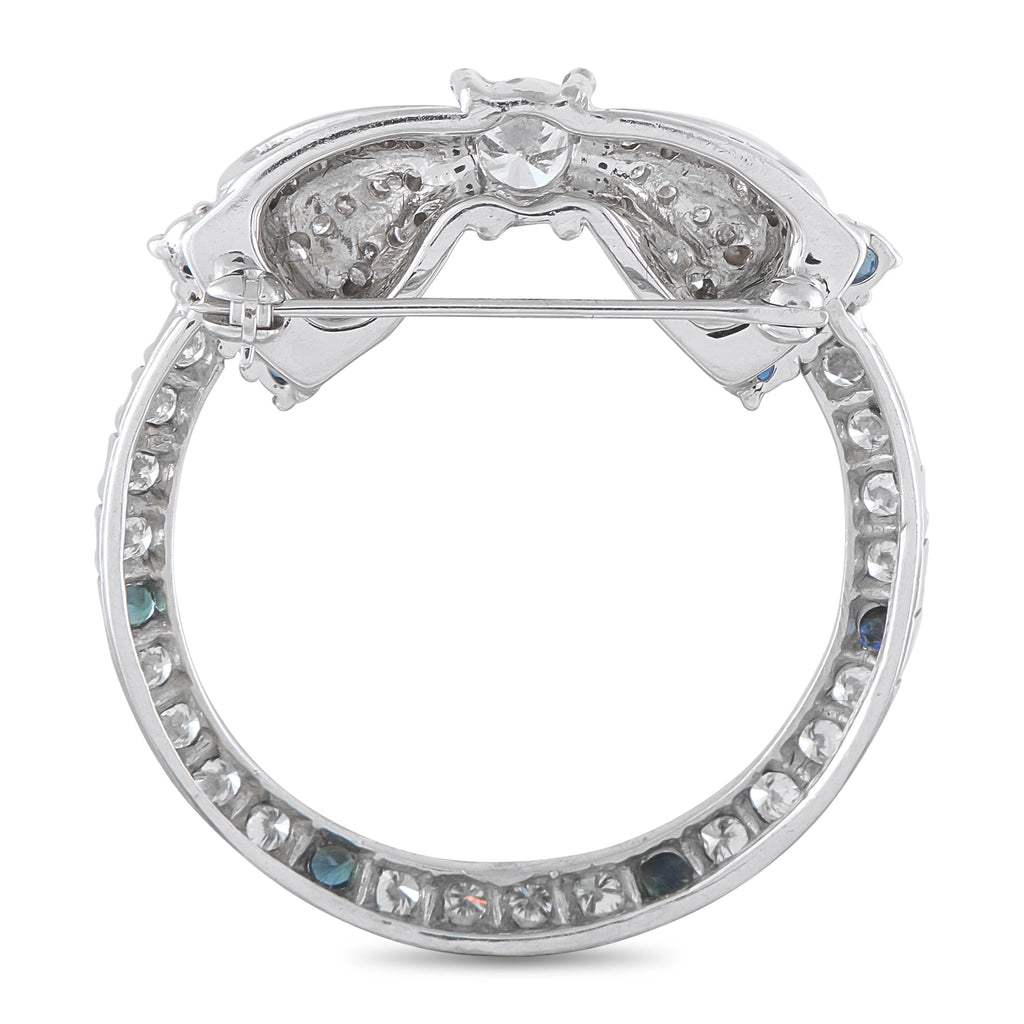 Vintage Platinum 1.50ct Diamond and Sapphire Open Circle Bow Brooch