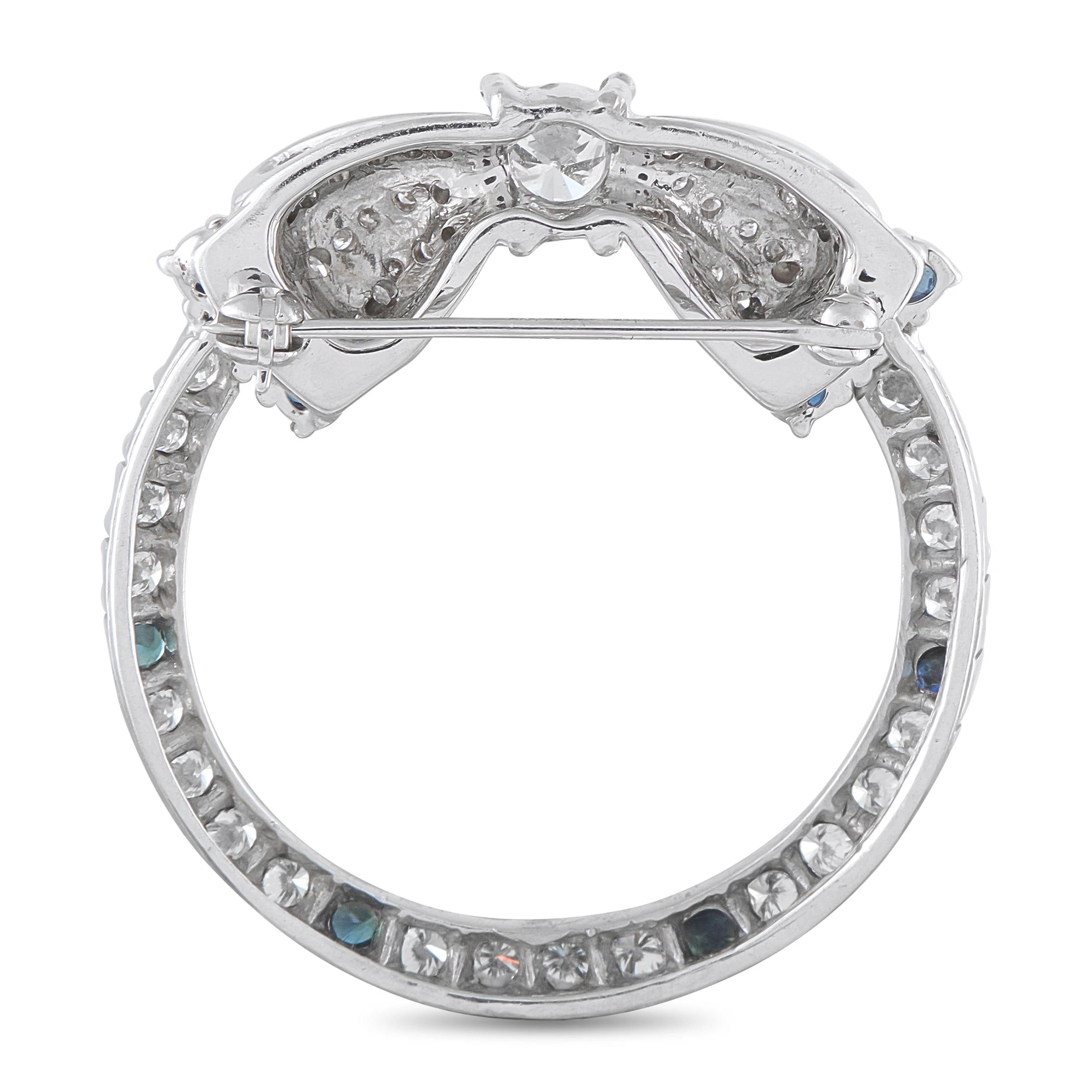 Vintage Platinum 1.50ct Diamond and Sapphire Open Circle Bow Brooch