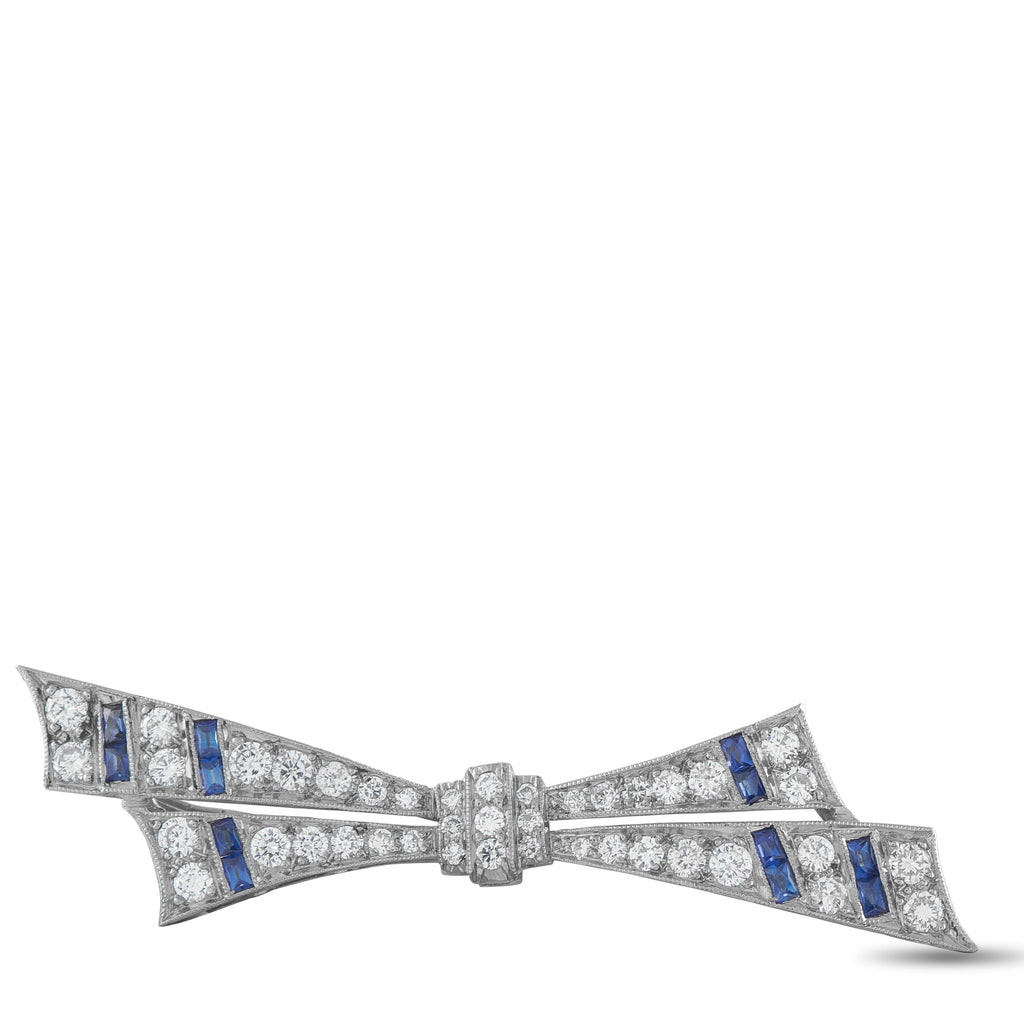 Platinum 0.90ct Diamond and Sapphire Bow Brooch