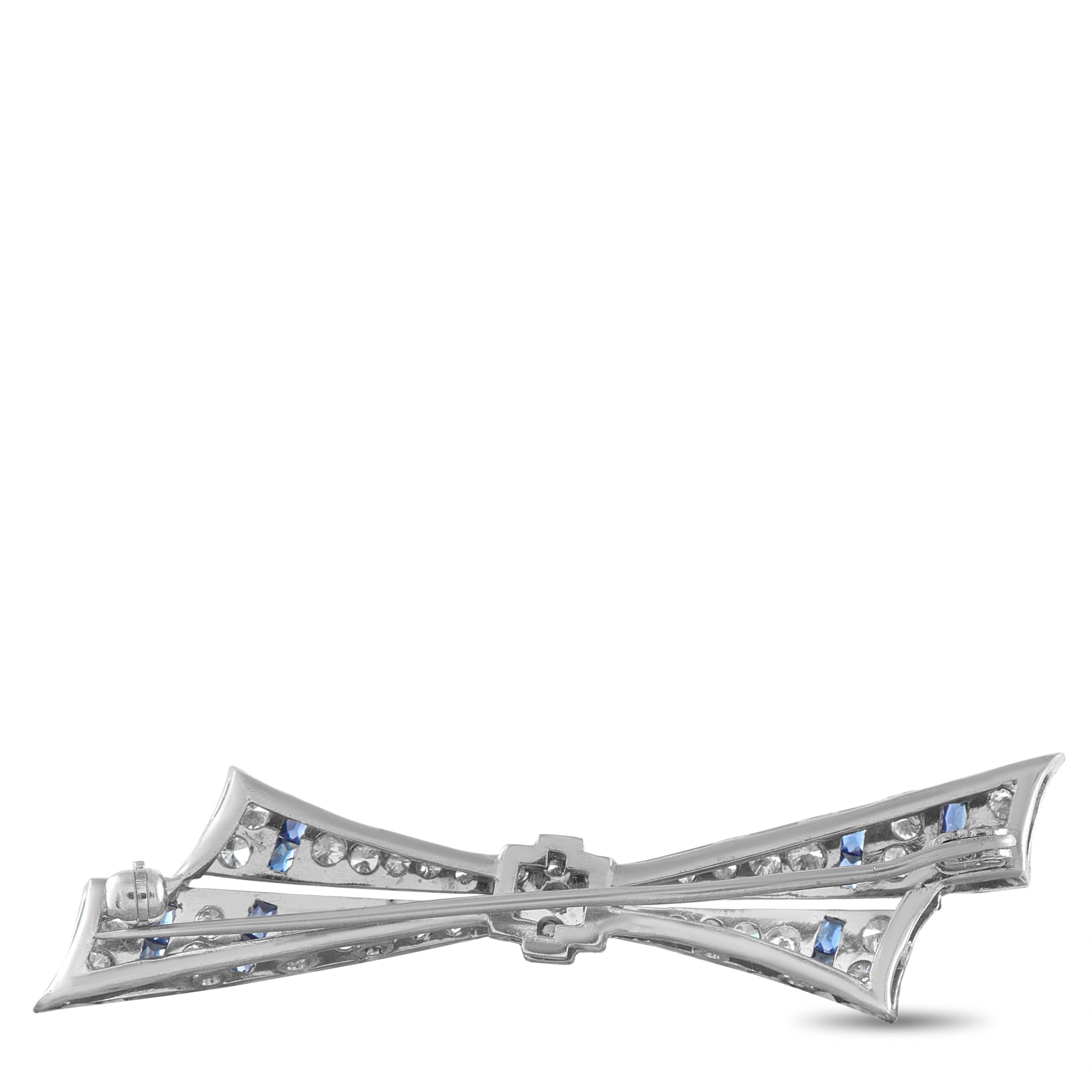 Platinum 0.90ct Diamond and Sapphire Bow Brooch