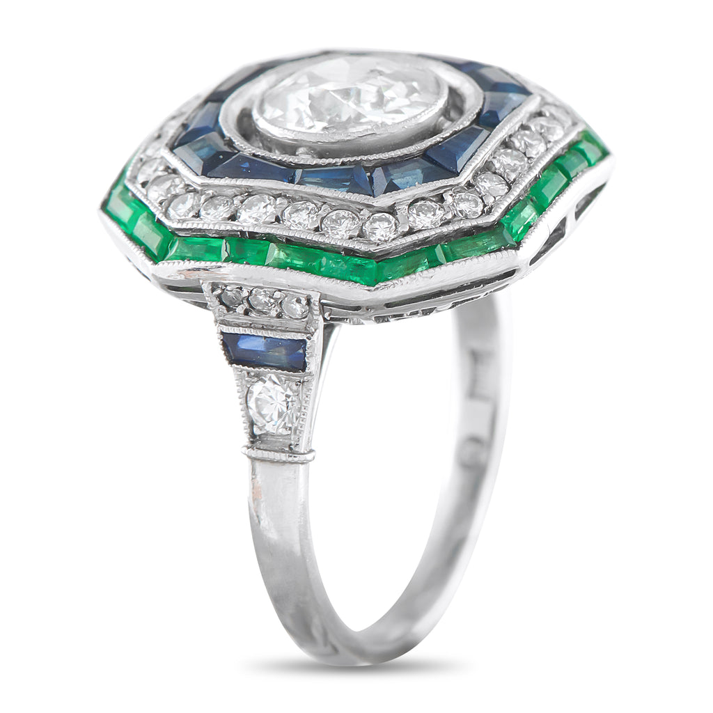 Antique Platinum 1.40ct Diamond, Sapphire, and Emerald Ring