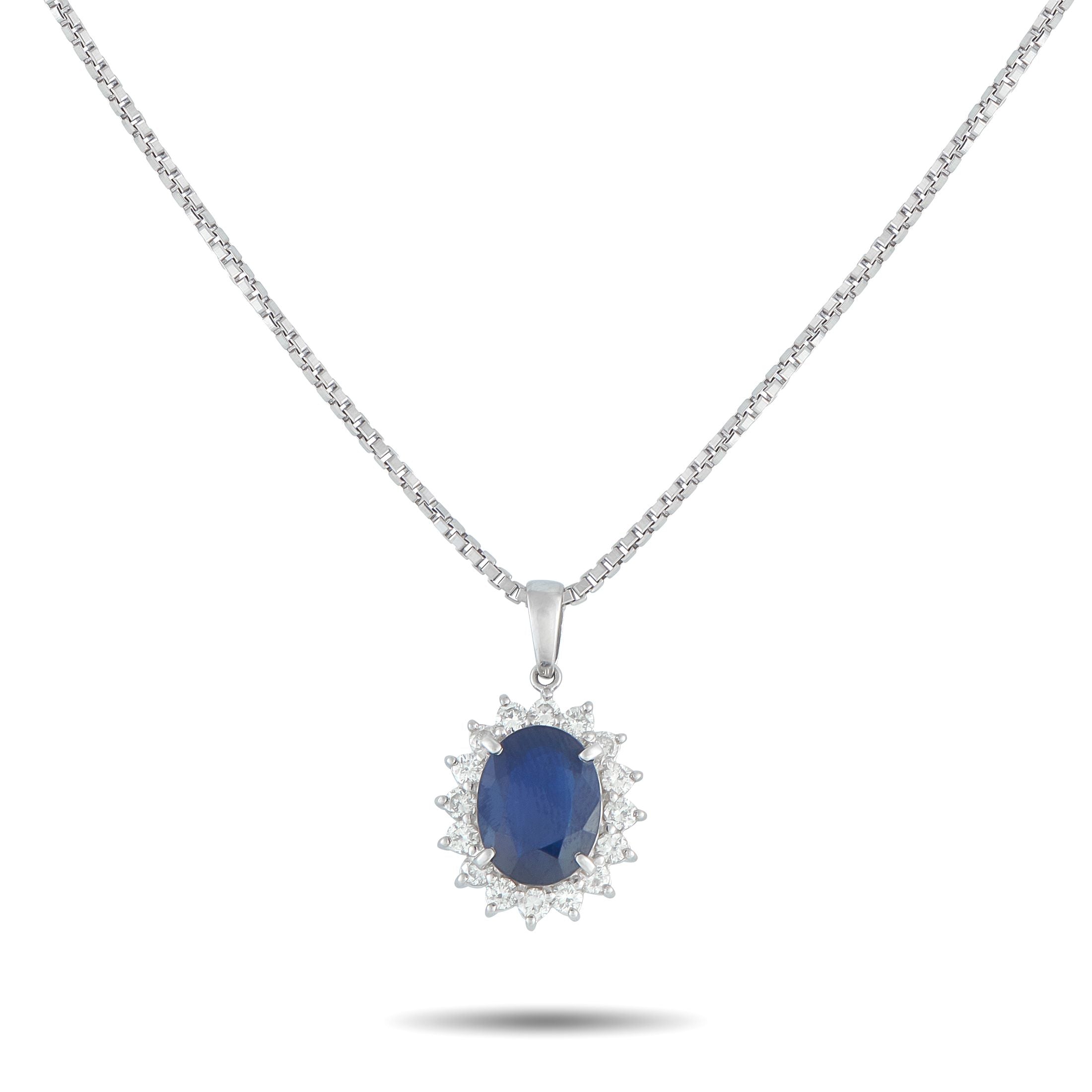 Exclusive Platinum 0.48ct Diamond and Sapphire Pendant Necklace MF56-101525 – This classically elegant necklace will continua