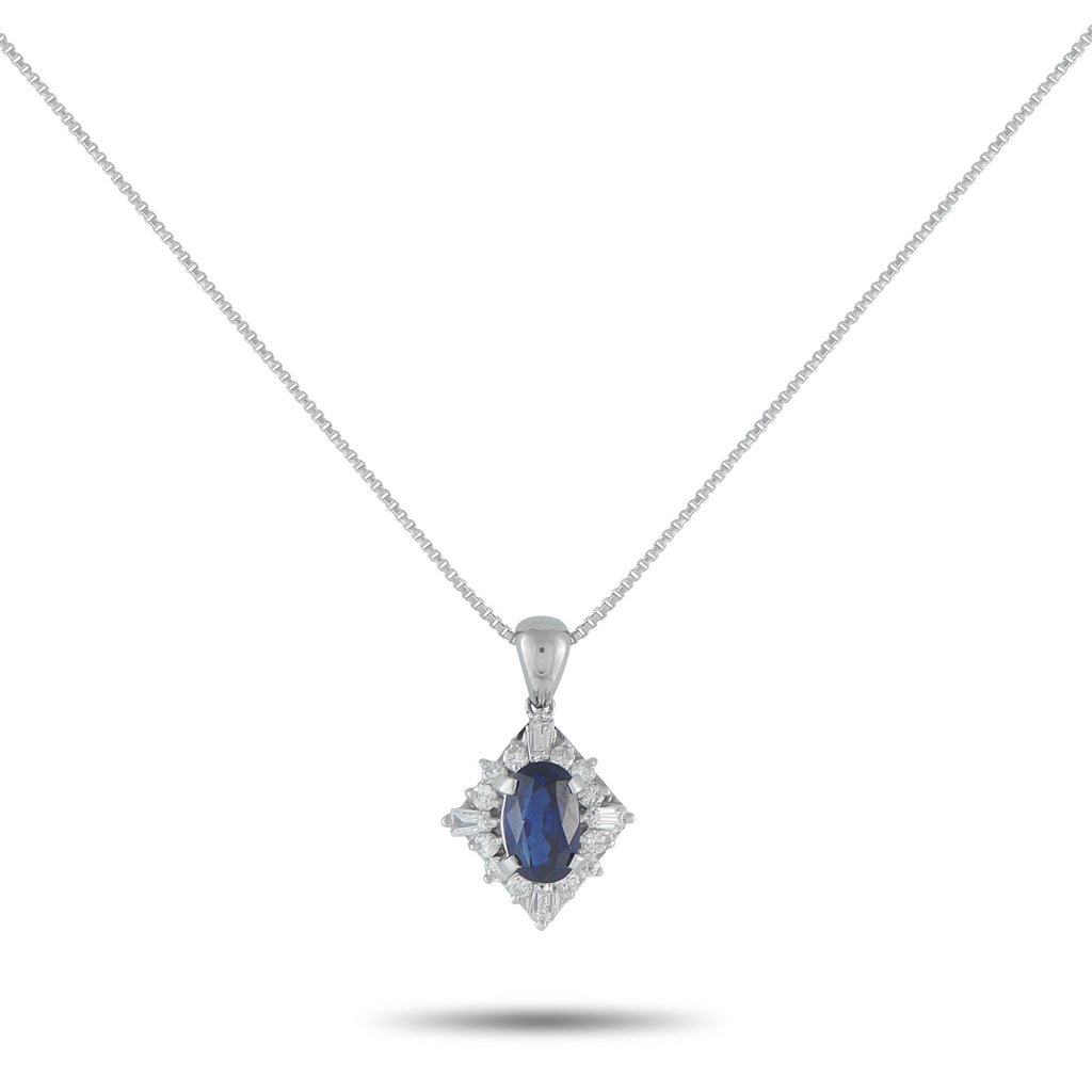 Exclusive Platinum 0.35ct Diamond and Sapphire Necklace MF26-102025 – Marked 850 platinum, this necklace explores symmetry th