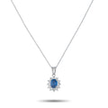 Platinum pendant necklace with blue sapphire center and diamond starburst halo