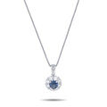 Platinum pendant with diamond halo and blue color-change garnet center on chain