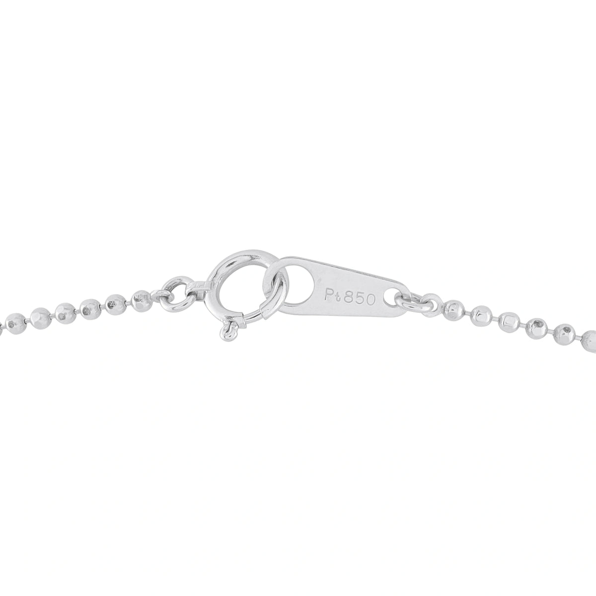 Platinum necklace clasp with engraved hallmark and round-link chain