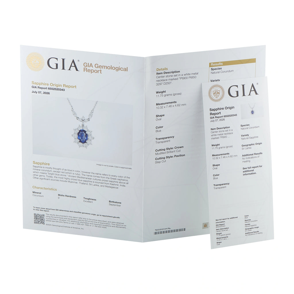 GIA report booklet for sapphire and diamond necklace, shown with matching card