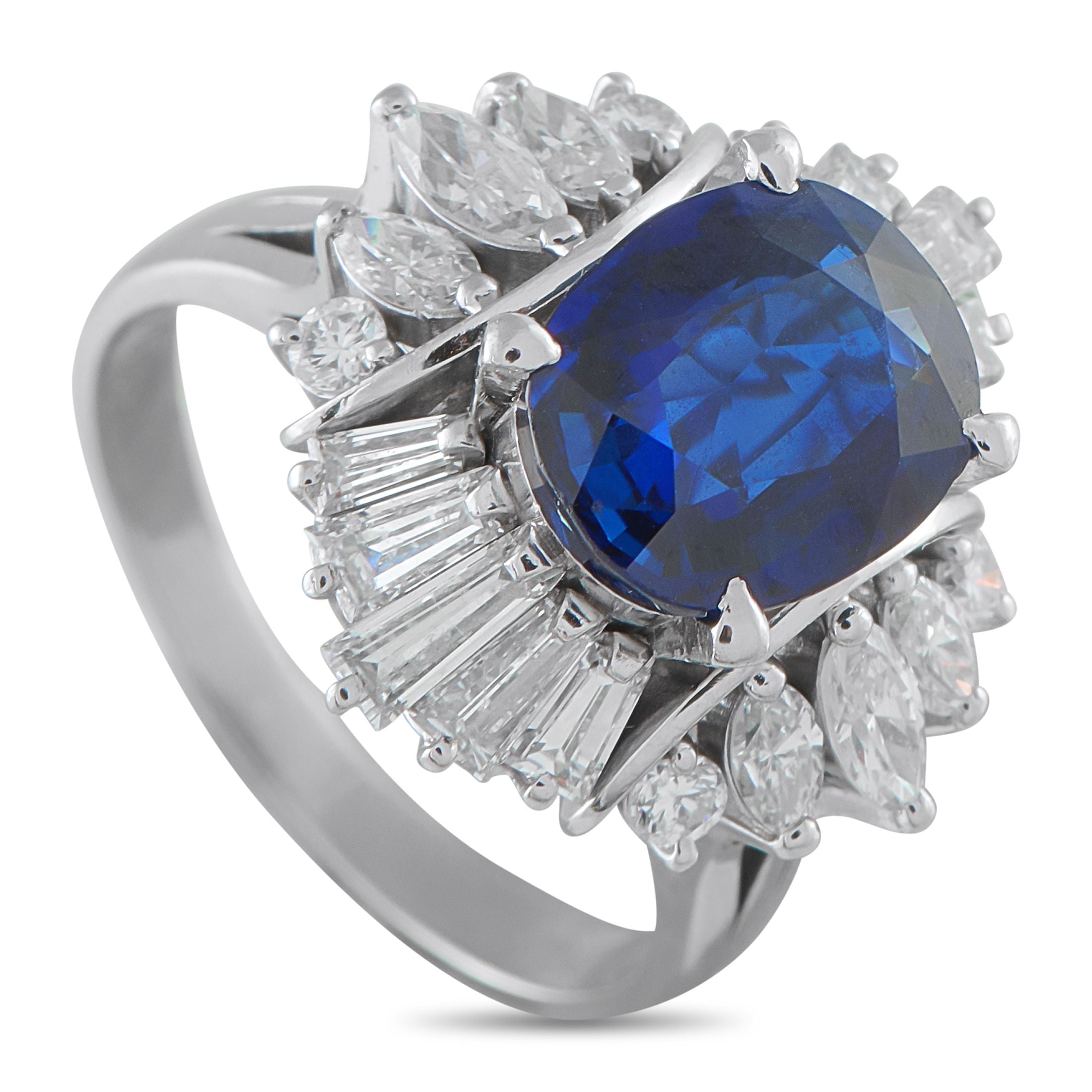 Exclusive Platinum 1.37ct Diamond and Sapphire Ring - This Exclusive  ring’s 3.31-carat sapphire takes the spotlight within a radiant ballerina halo of baguette, marquise, and rou