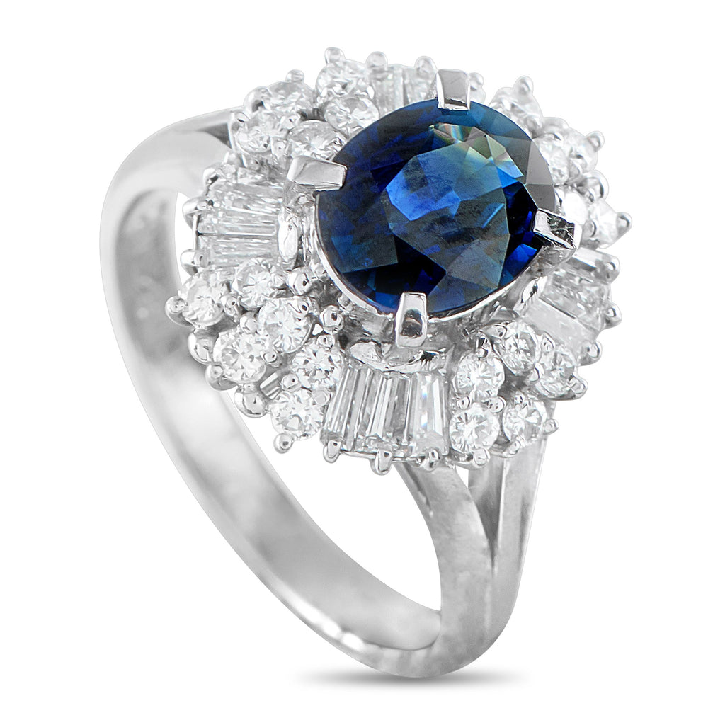 Exclusive Platinum 0.82ct Diamond and Sapphire Ring - In this Exclusive  ring, the platinum shank rises into double split shoulders, lifting the 1.62-carat sapphire centerstone an