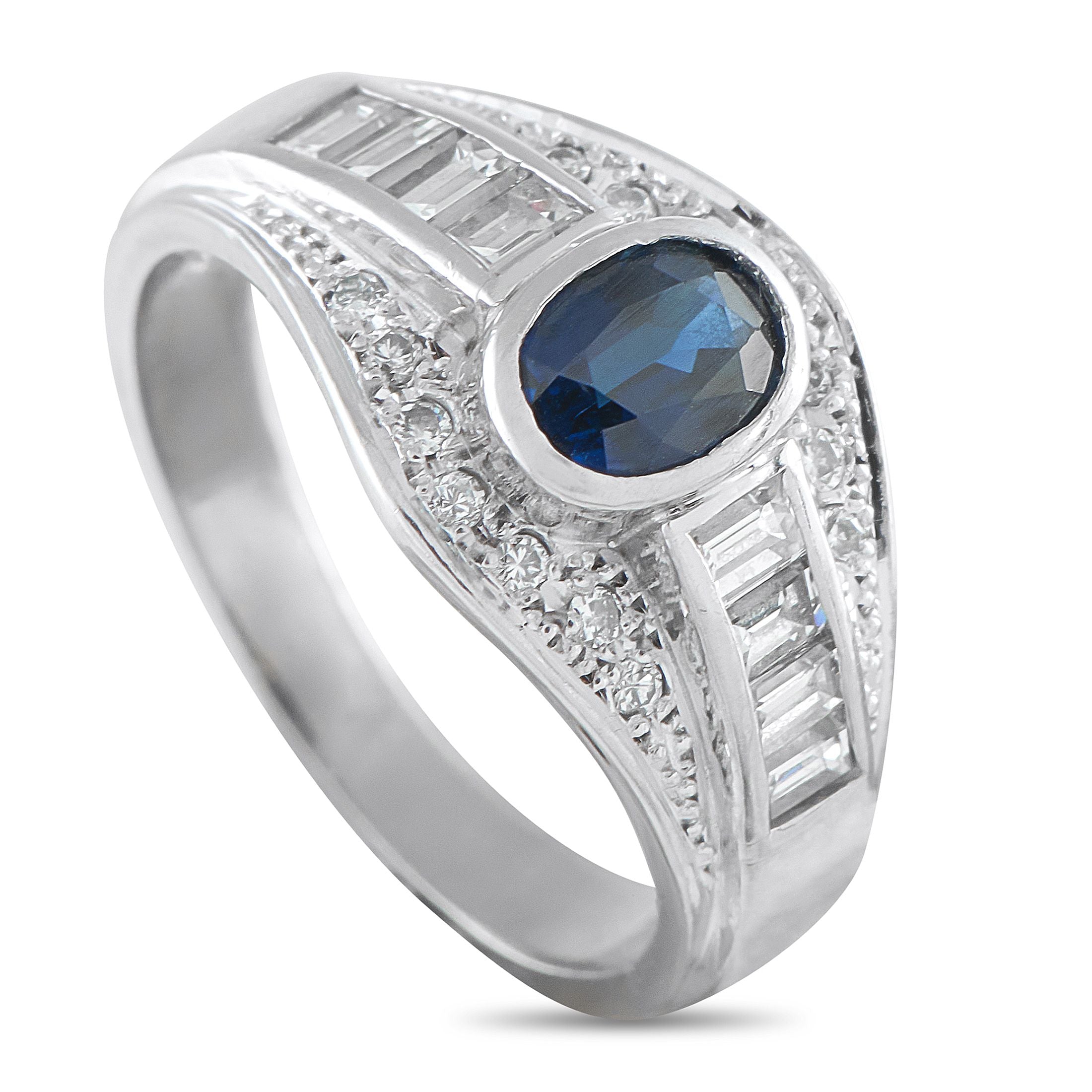 Exclusive Platinum 0.62ct Diamond and Sapphire Ring - In this Exclusive  piece, a 1.08-carat oval sapphire sits flush on the center, letting its vivid color take full prominence.