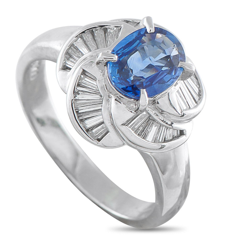 Platinum 0.43ct Diamond and Blue Sapphire Pinwheel Halo Ring