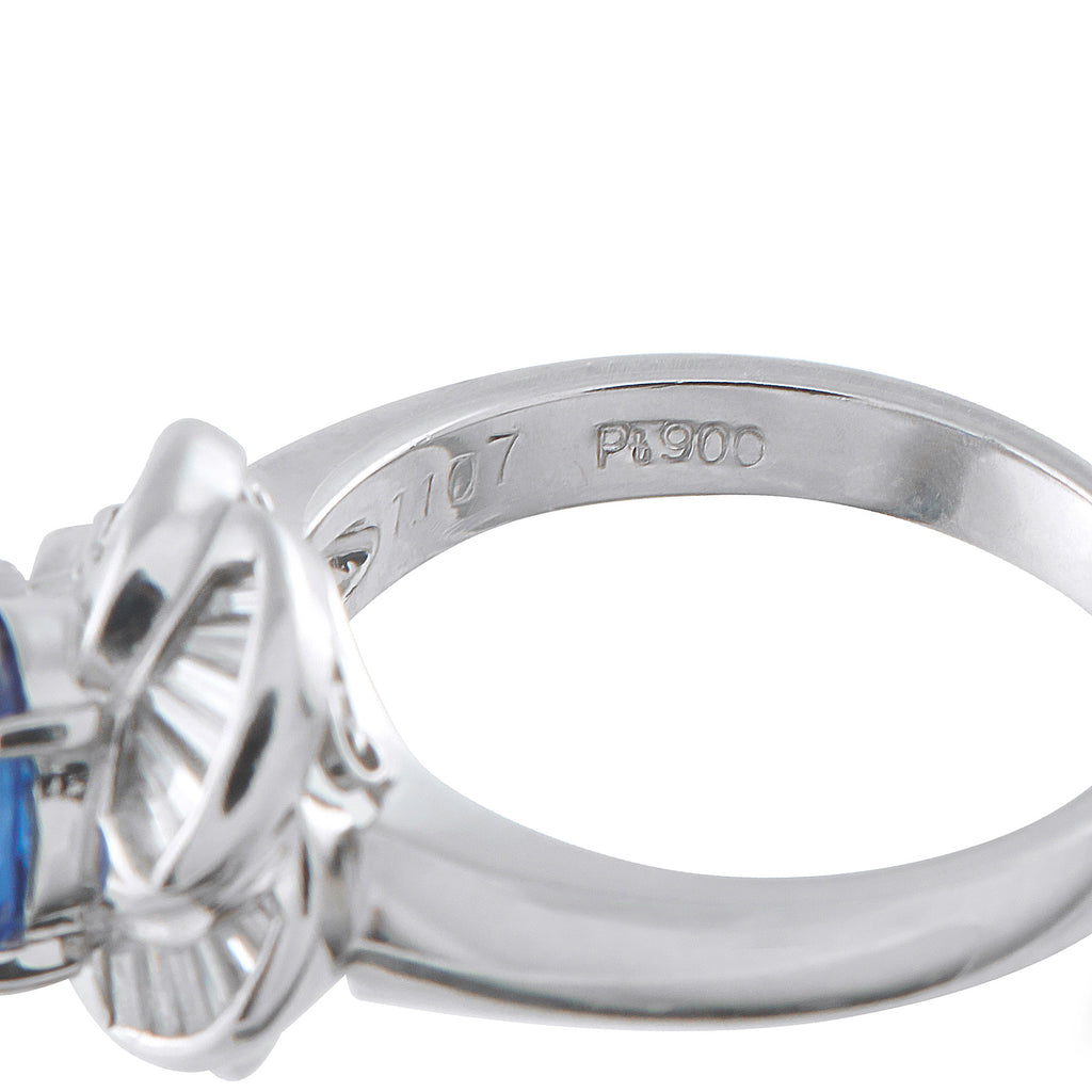 Platinum 0.43ct Diamond and Blue Sapphire Pinwheel Halo Ring