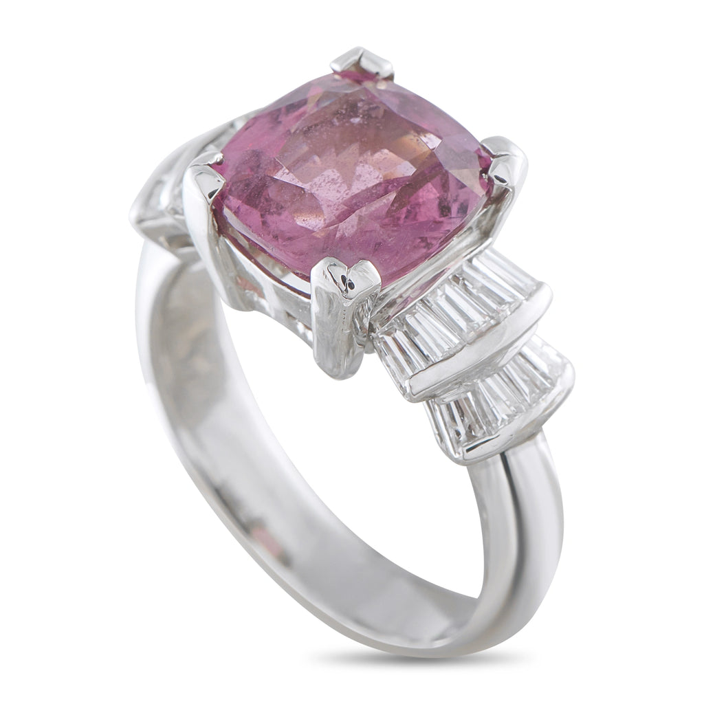 Platinum ring with a square pink spinel, diamond accents and a polished band