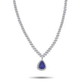 White gold diamond necklace with teardrop tanzanite pendant and diamond halo